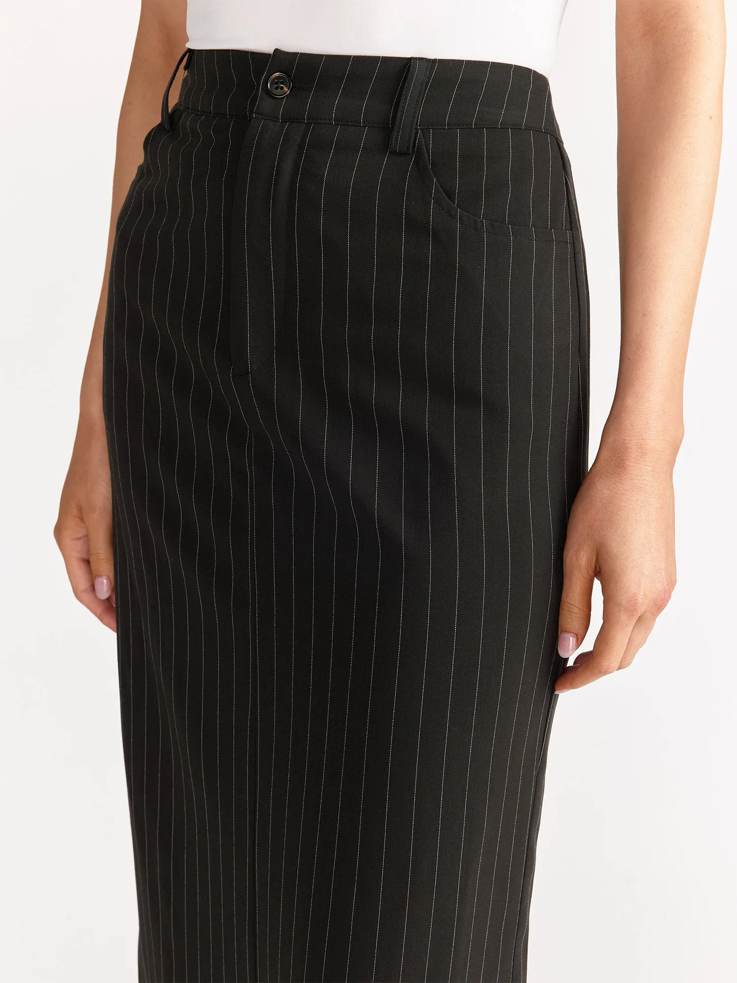 Sans Souci High Rise Pinstripe Maxi Column Skirt - Brands We Love