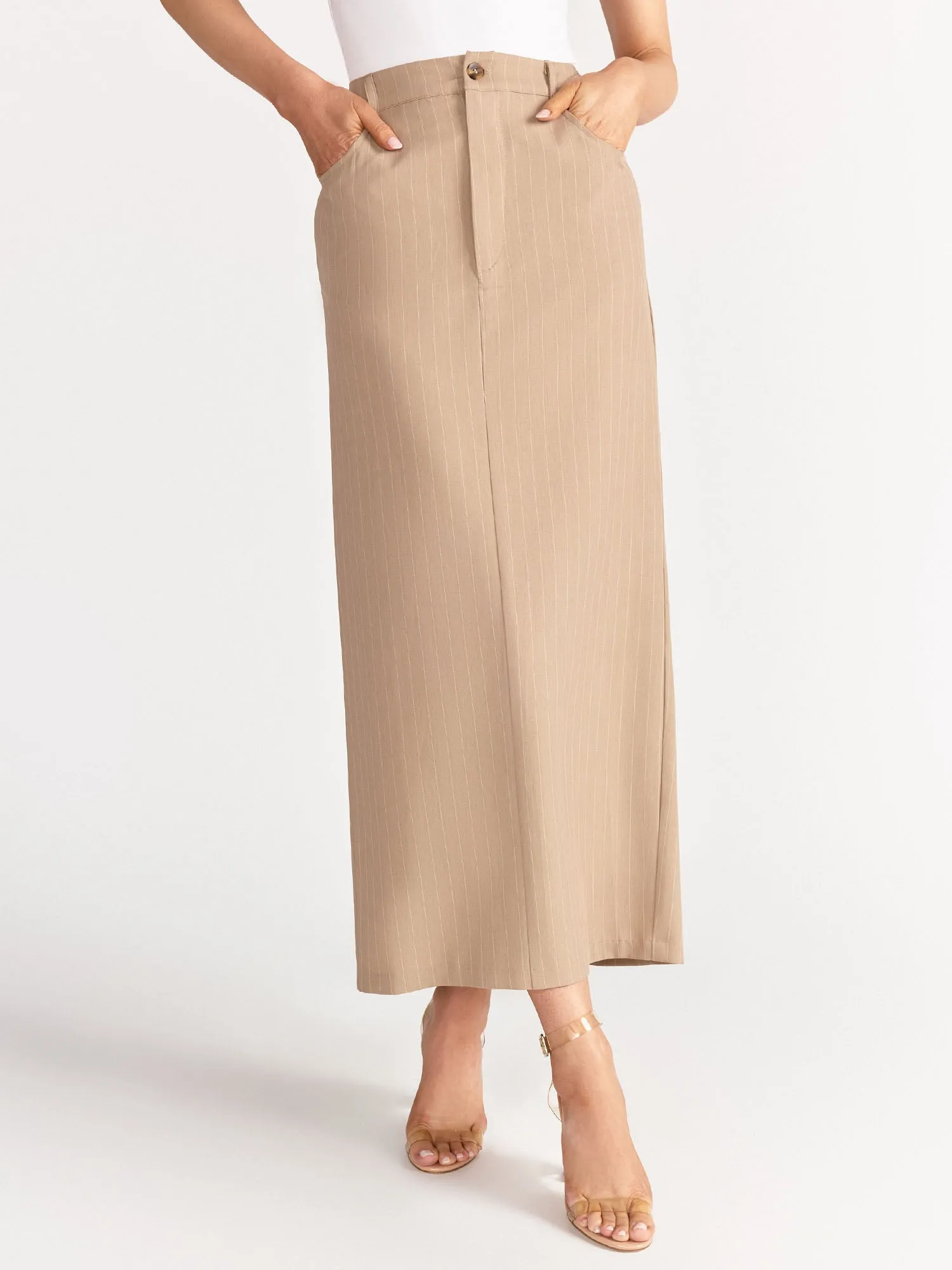 Sans Souci High Rise Pinstripe Maxi Column Skirt - Brands We Love