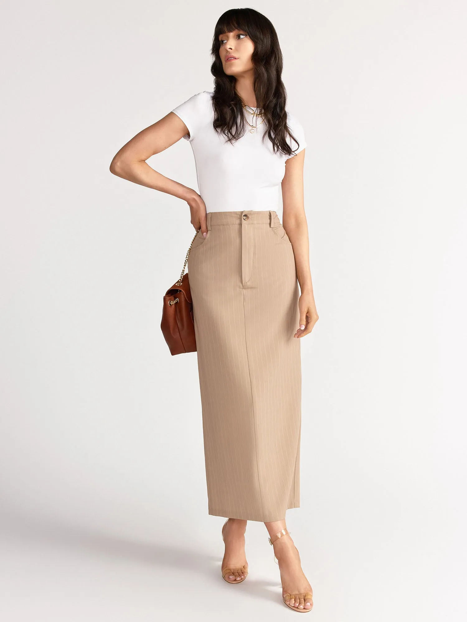 Sans Souci High Rise Pinstripe Maxi Column Skirt - Brands We Love