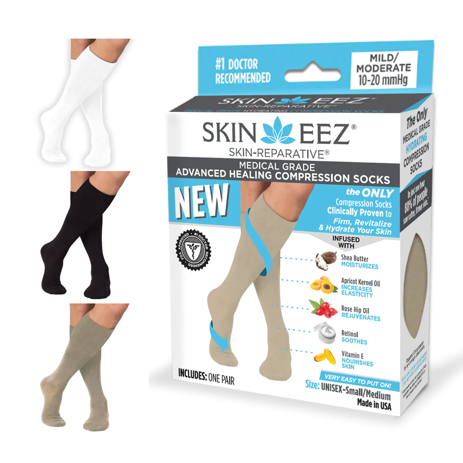 Skineez Medical Grade Advanced Healing Compression Socks, Clinically Proven to Firm, Moisturize, and Revitalize Skin, Foot Arch, Heel, and Nerve Pain Relief, 1 Pair