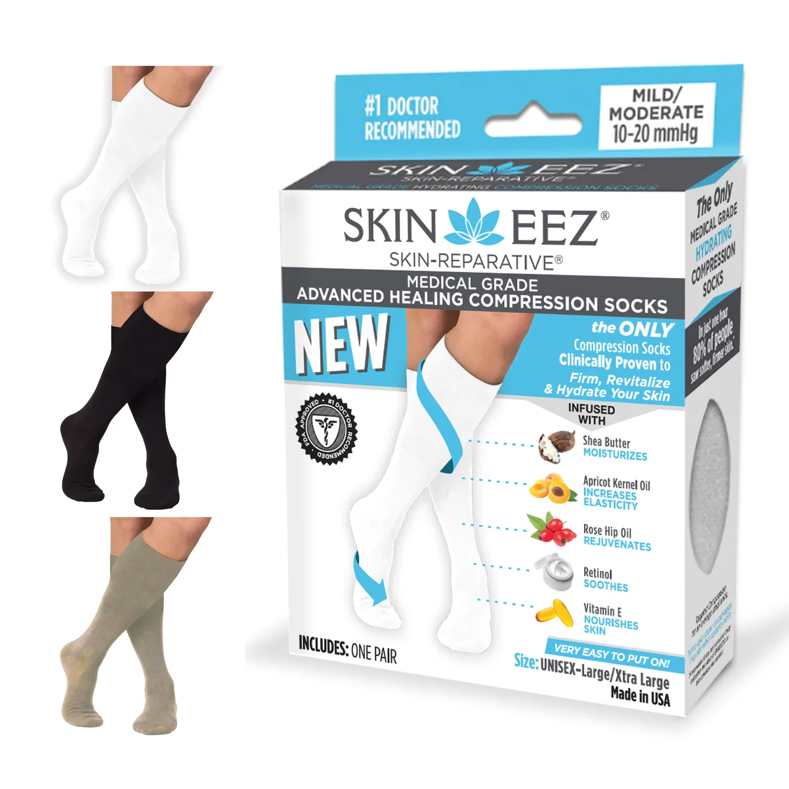 Skineez Medical Grade Advanced Healing Compression Socks, Clinically Proven to Firm, Moisturize, and Revitalize Skin, Foot Arch, Heel, and Nerve Pain Relief, 1 Pair