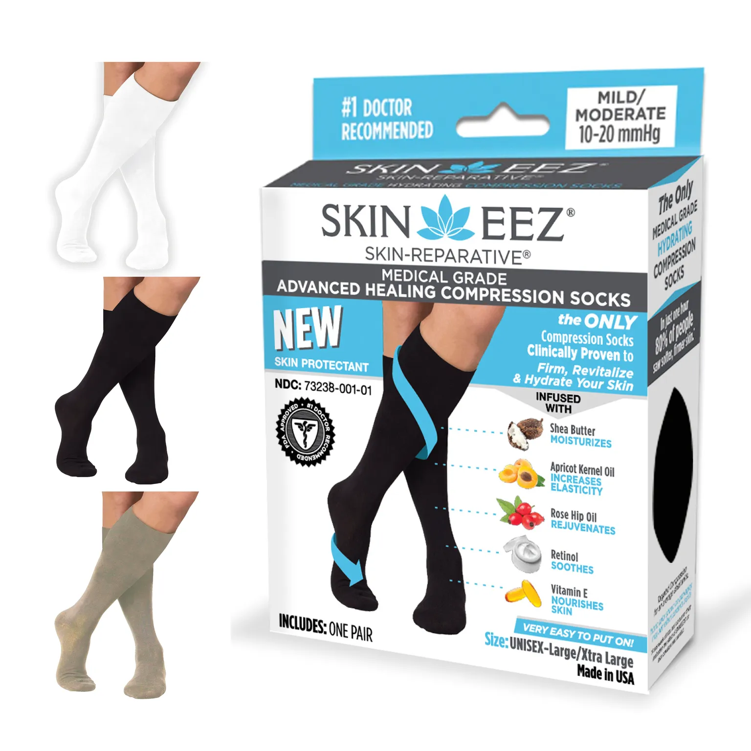 Skineez Medical Grade Advanced Healing Compression Socks, Clinically Proven to Firm, Moisturize, and Revitalize Skin, Foot Arch, Heel, and Nerve Pain Relief, 1 Pair