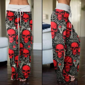 Skull Demon Pattern Pajama Pants Print Drawstring Palazzo Lounge