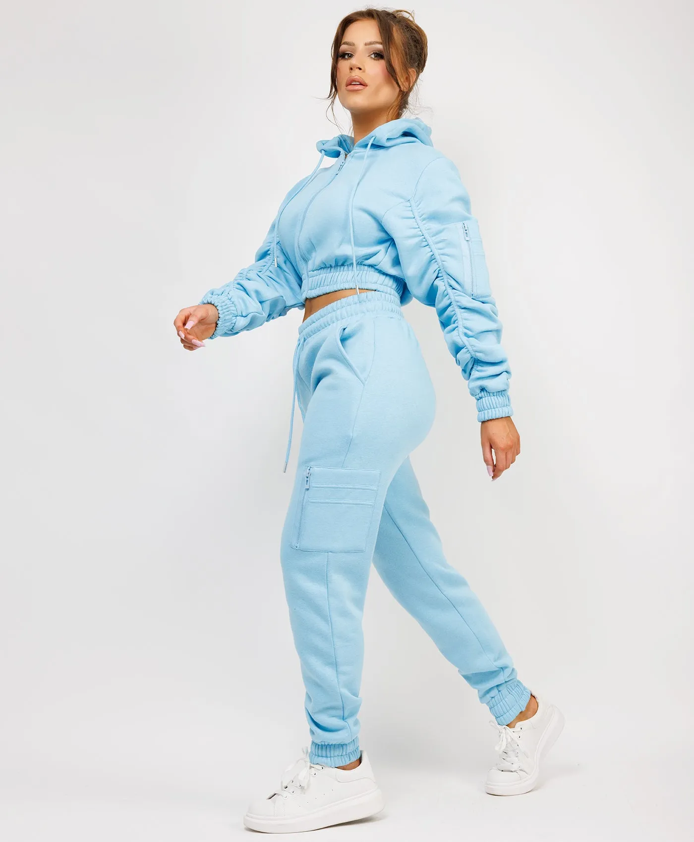 Sky Blue Ruched Sleeve Zipped Hoodie and Joggers Tracksuit