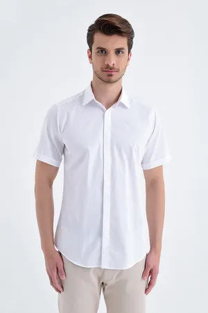 Slim Fit White Short Sleeve Cotton Dress Shirt