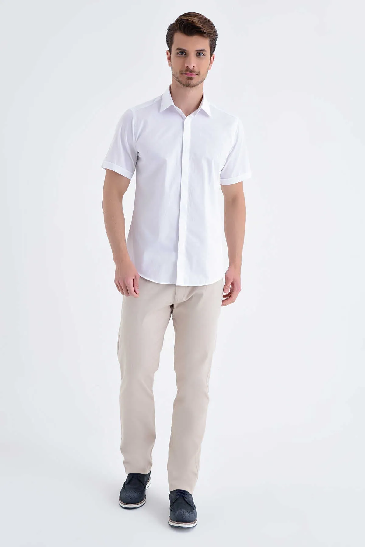 Slim Fit White Short Sleeve Cotton Dress Shirt