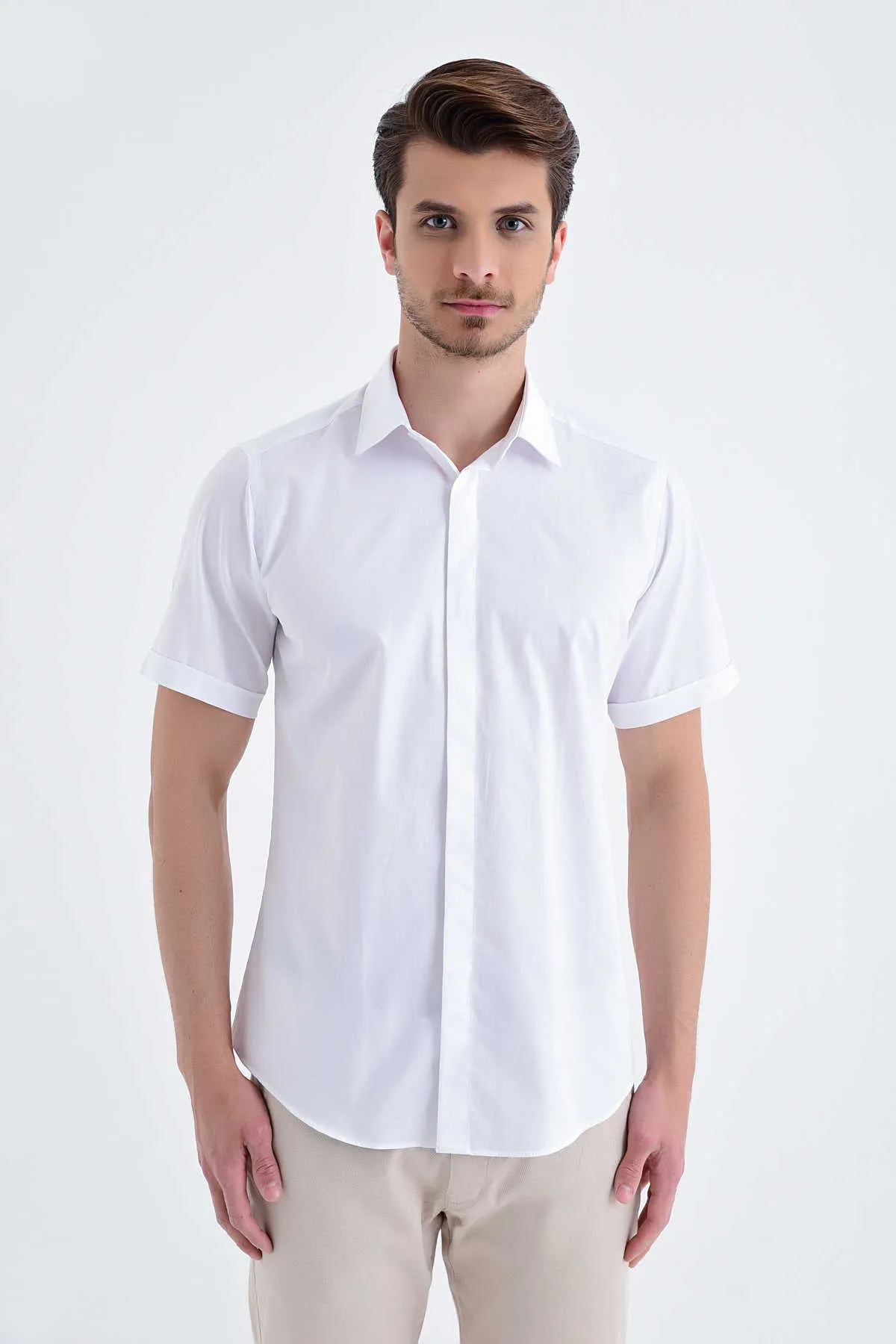 Slim Fit White Short Sleeve Cotton Dress Shirt