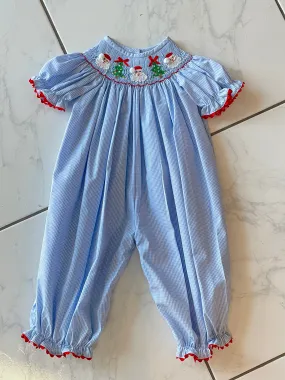 Smocked Christmas Trees and Santa on Blue Gingham Bubble Romper