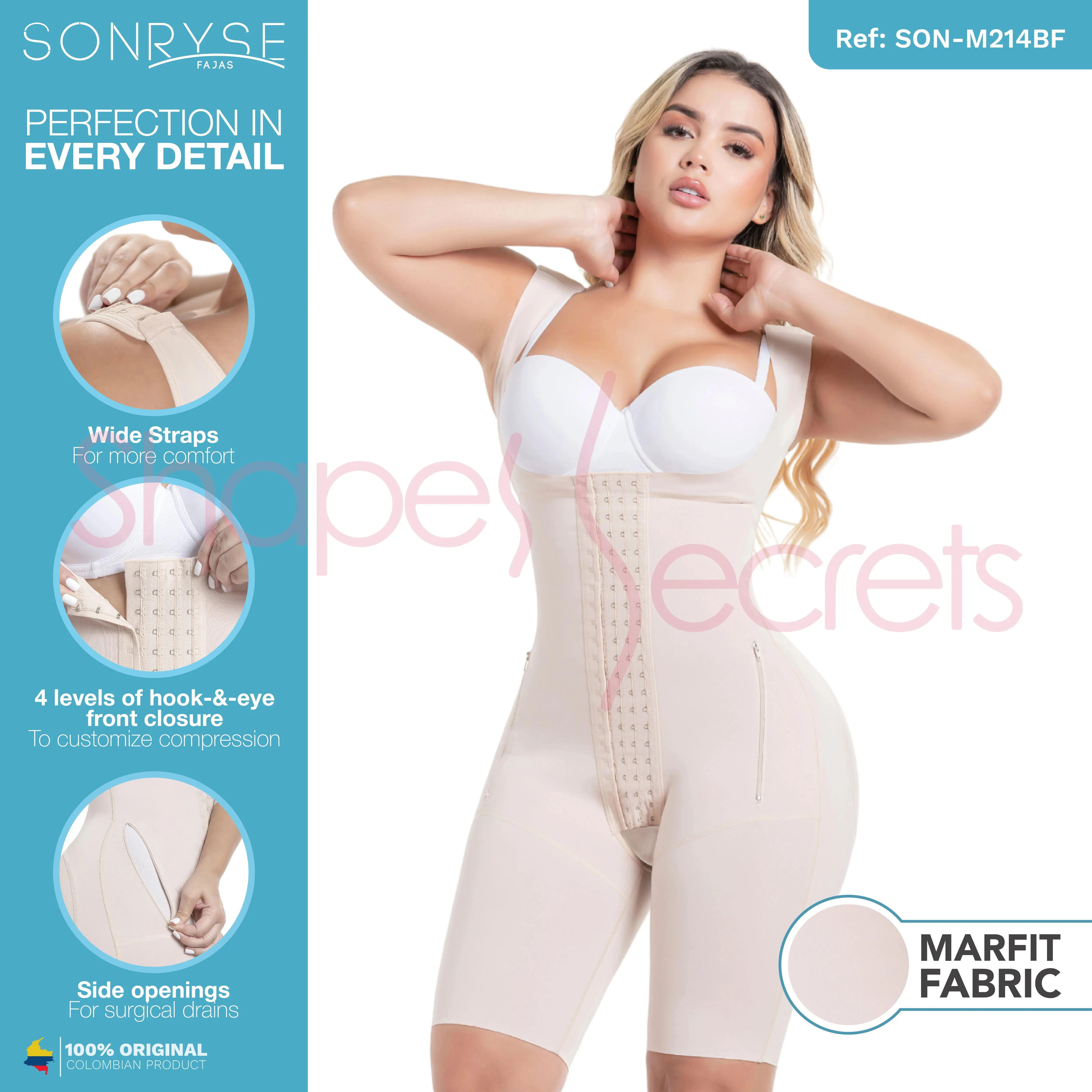 Sonryse 214BF Fajas Colombianas Post Surgery Stage 1 BBL Compression Garment Open Bust Mid Thigh