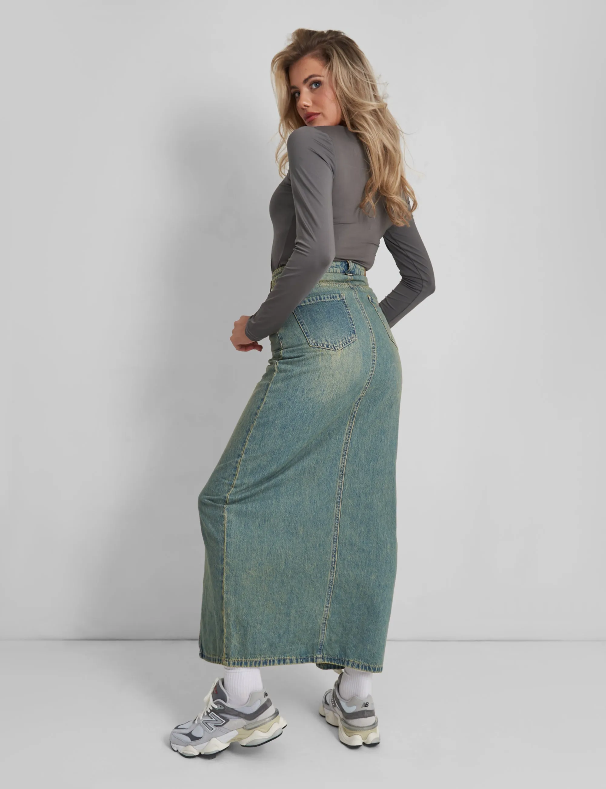 Split Front Denim Maxi Skirt Vintage Wash