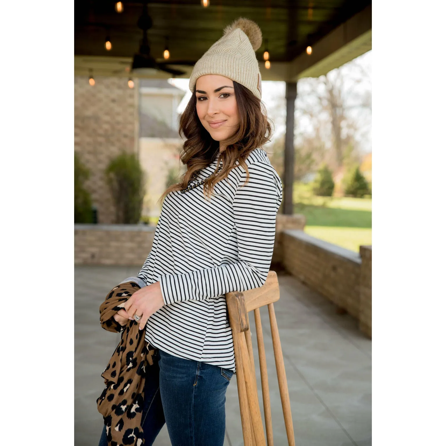 Striped Button Back Accent Sweatshirt