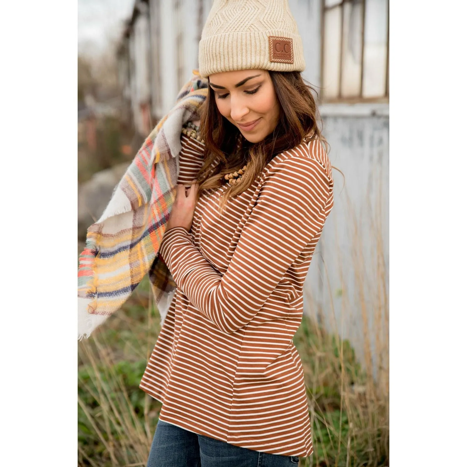 Striped Button Back Accent Sweatshirt