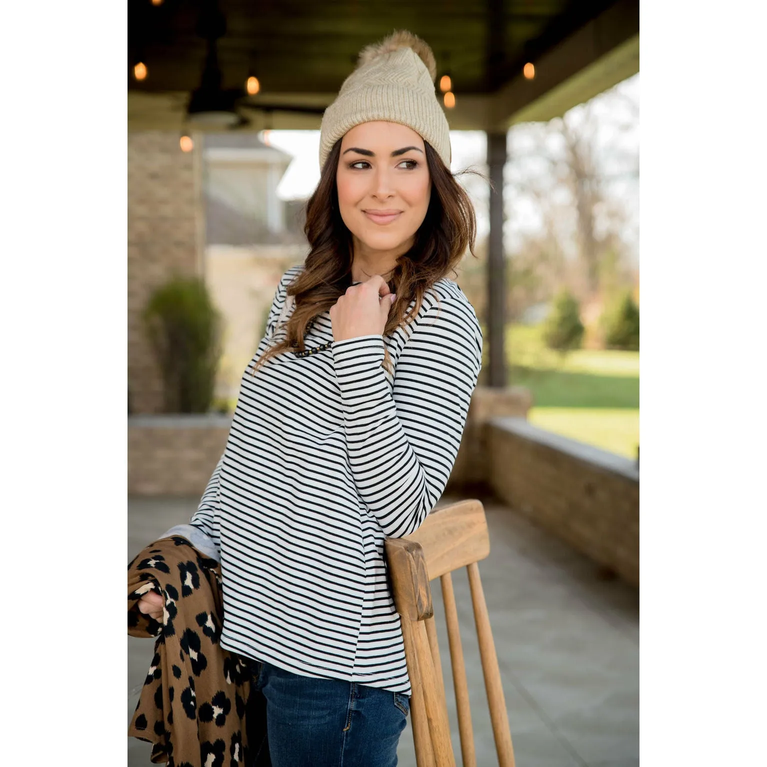 Striped Button Back Accent Sweatshirt