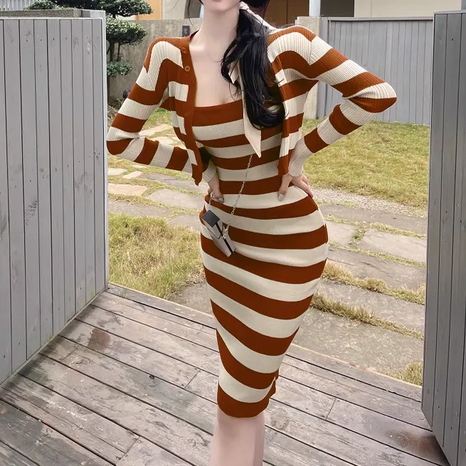 Striped Elastic Slim Knit Dress Cardigan Set