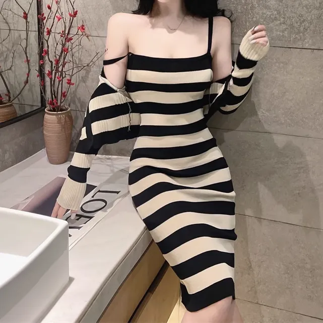 Striped Elastic Slim Knit Dress Cardigan Set