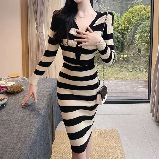 Striped Elastic Slim Knit Dress Cardigan Set