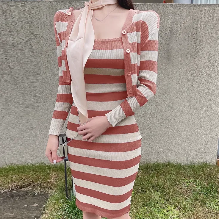 Striped Elastic Slim Knit Dress Cardigan Set