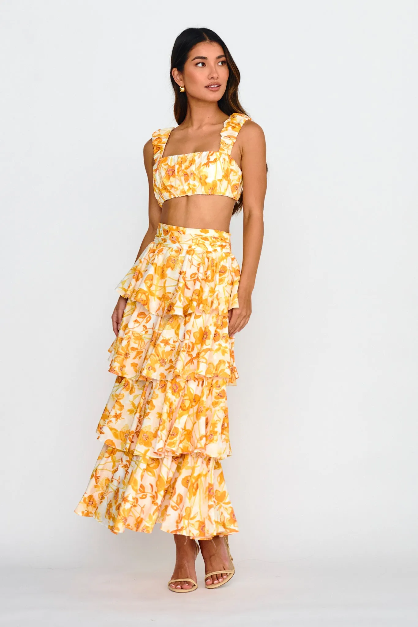 Suenito Tiered Frill Maxi Skirt Floral Orange