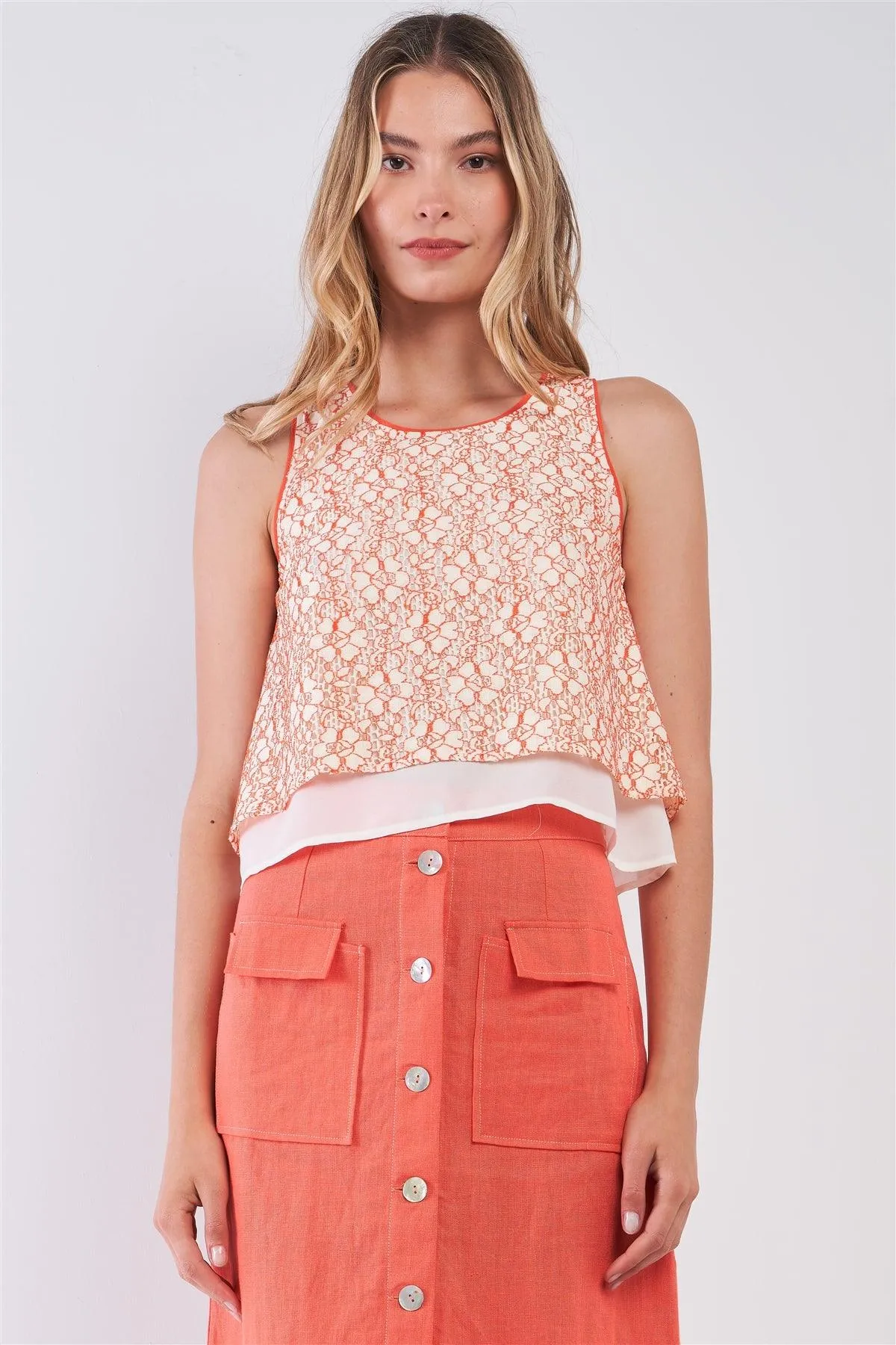 Sunny Apricot Orange Sleeveless Floral Crochet Layered Round Neck Flare Top /1-2-2-1