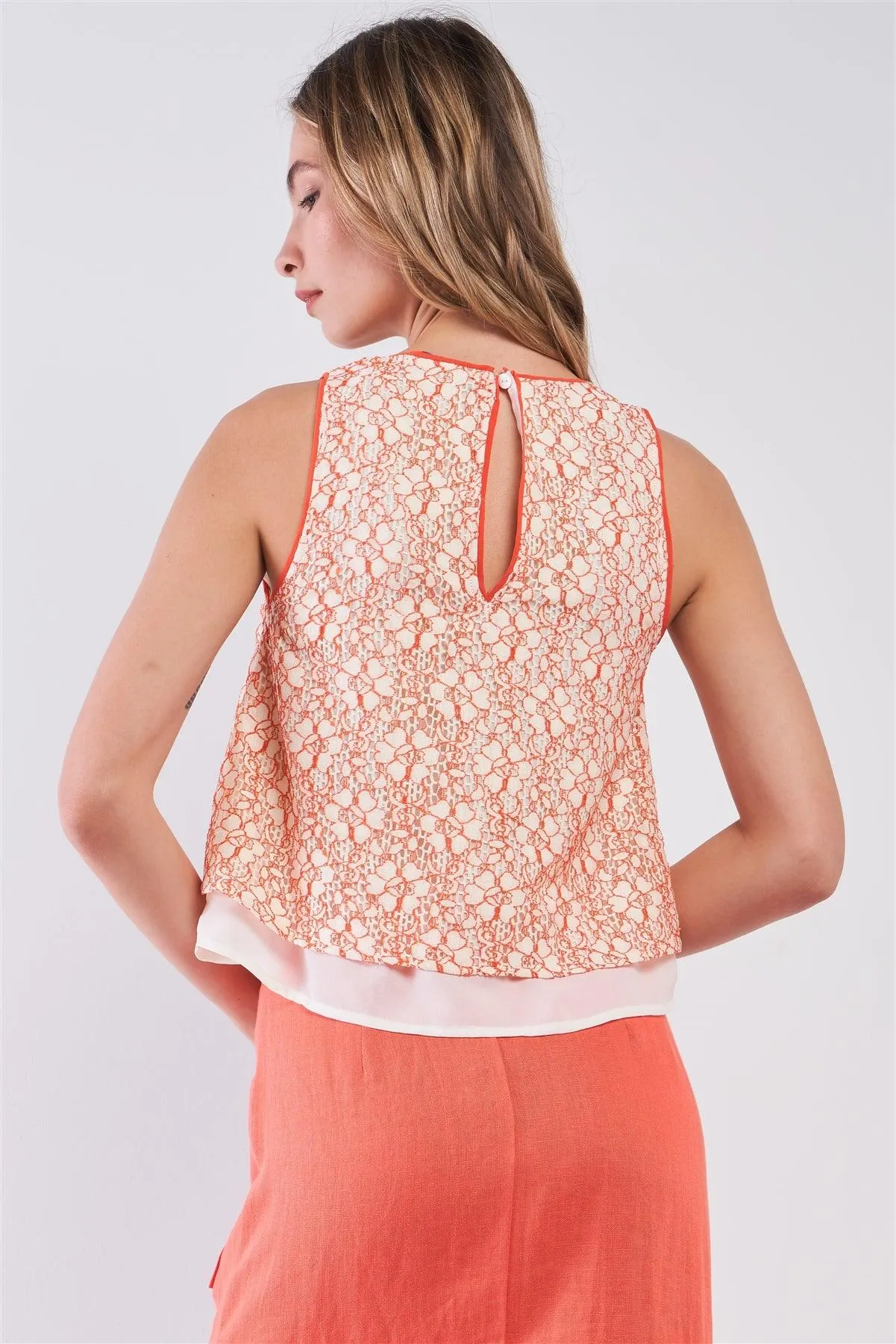 Sunny Apricot Orange Sleeveless Floral Crochet Layered Round Neck Flare Top /1-2-2-1