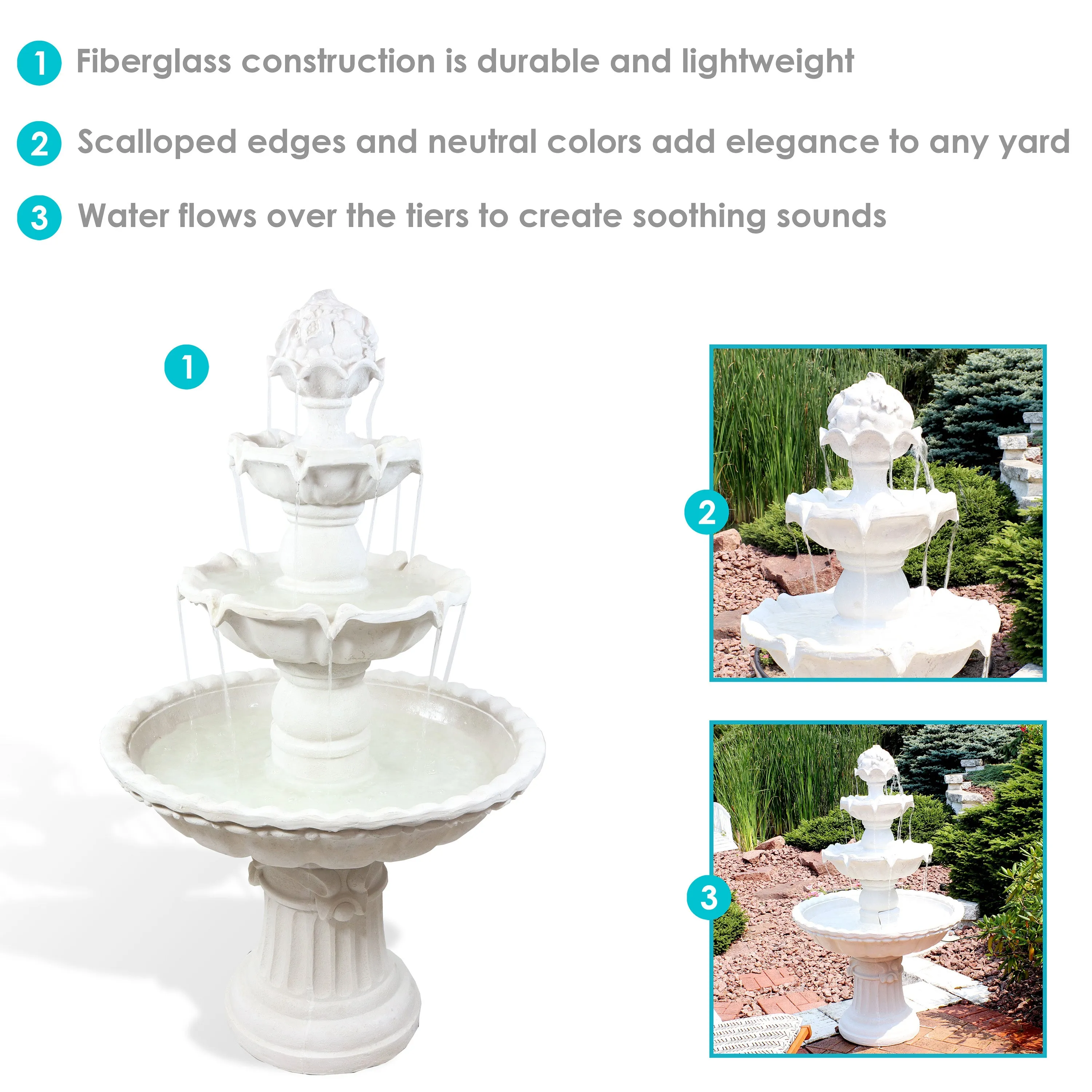 Sunnydaze 3-Tier Outdoor Water Fountain with Fruit Top - White - 52" H