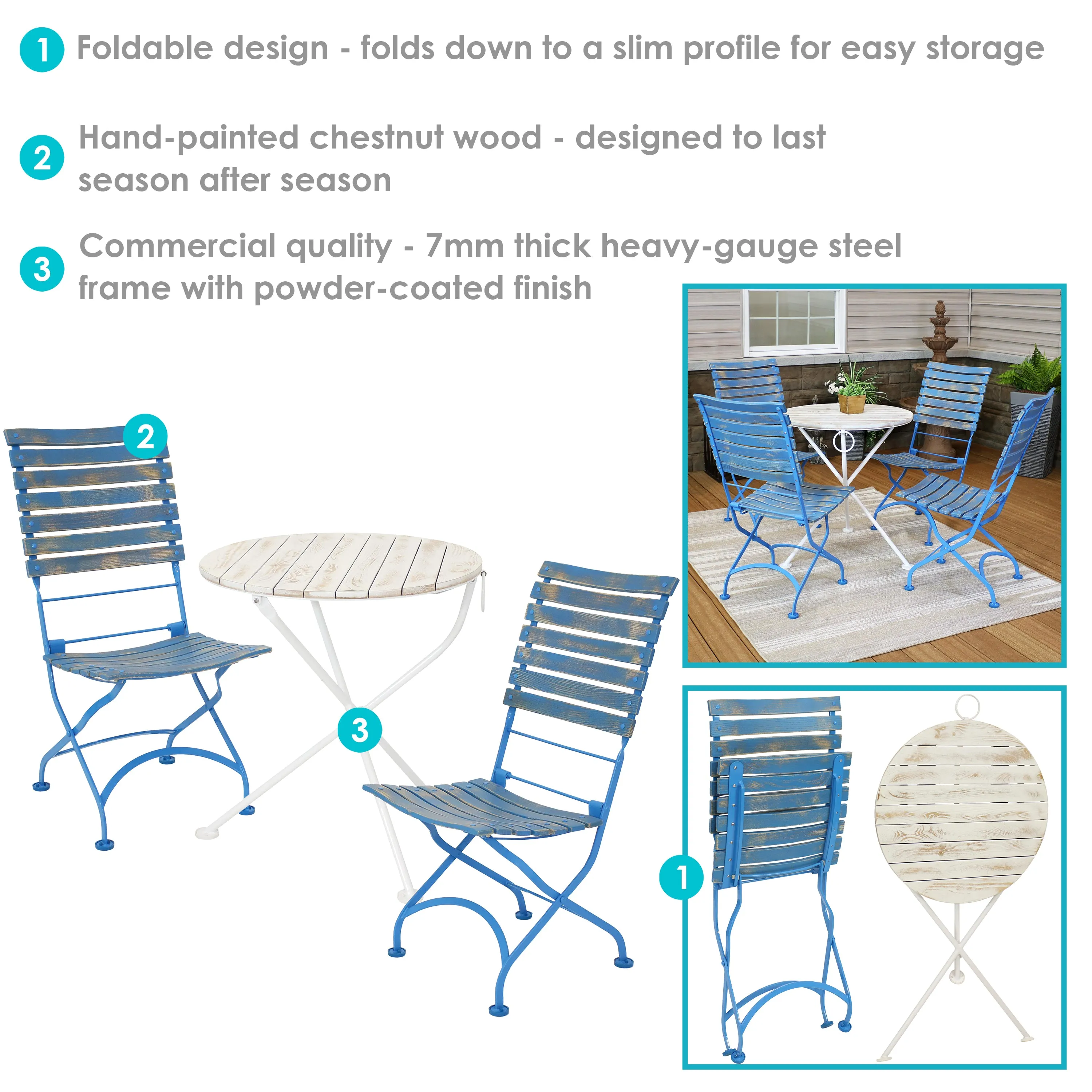 Sunnydaze Cafe Couleur 5-Piece Wood Folding Bistro Table and Chairs Set - Blue