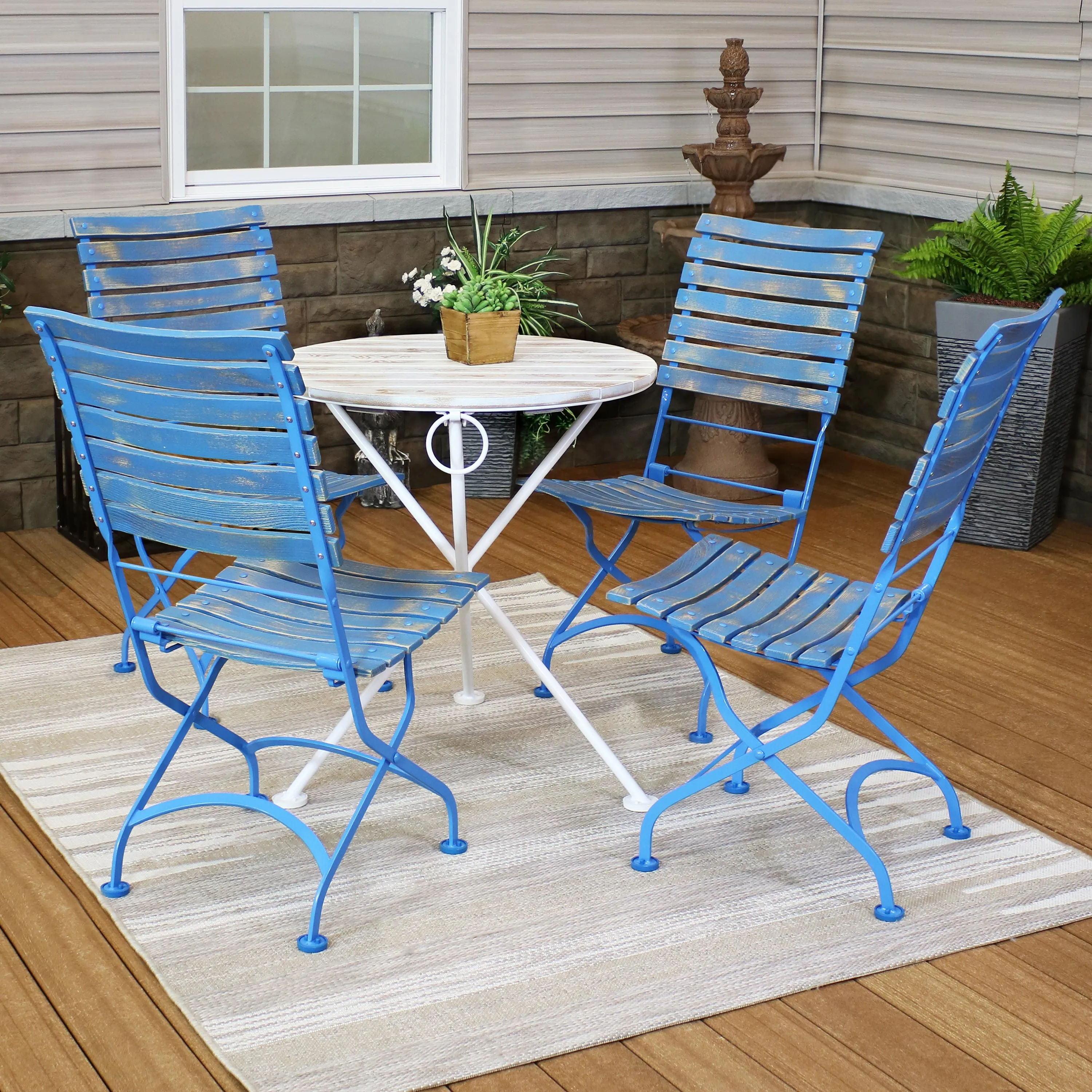 Sunnydaze Cafe Couleur 5-Piece Wood Folding Bistro Table and Chairs Set - Blue