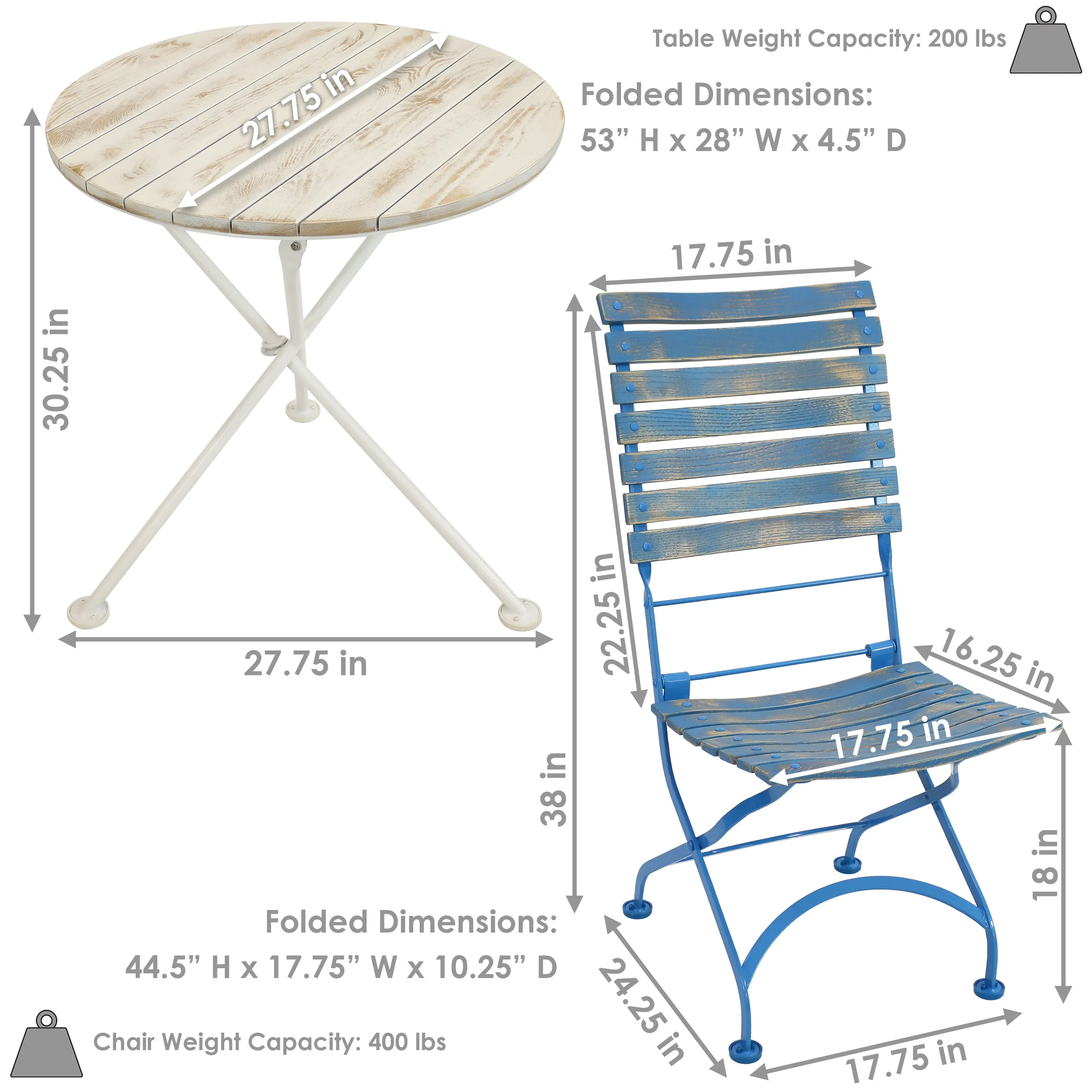 Sunnydaze Cafe Couleur 5-Piece Wood Folding Bistro Table and Chairs Set - Blue