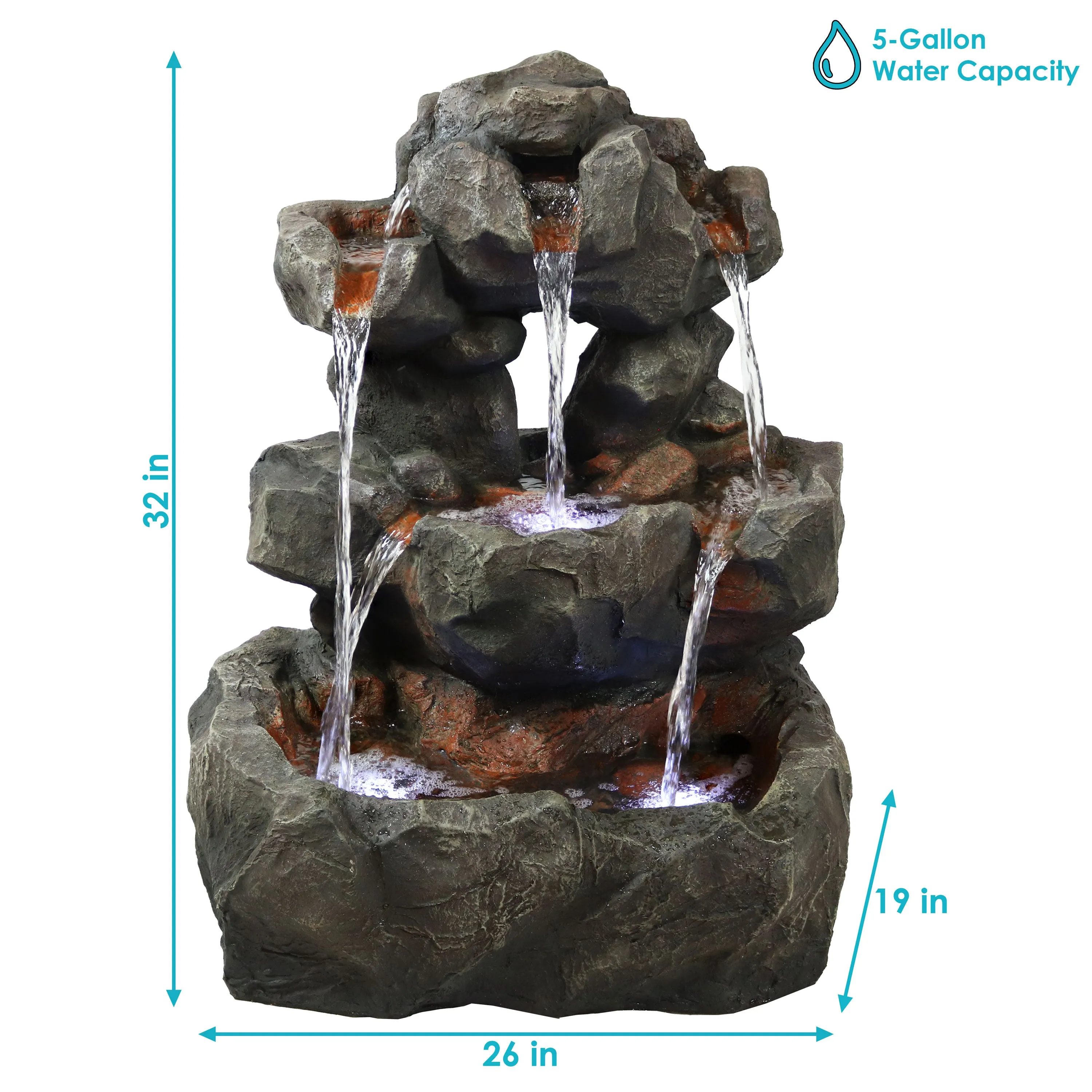 Sunnydaze Layered Rock Waterfall Outdoor Fountain with LED Lights - 32"