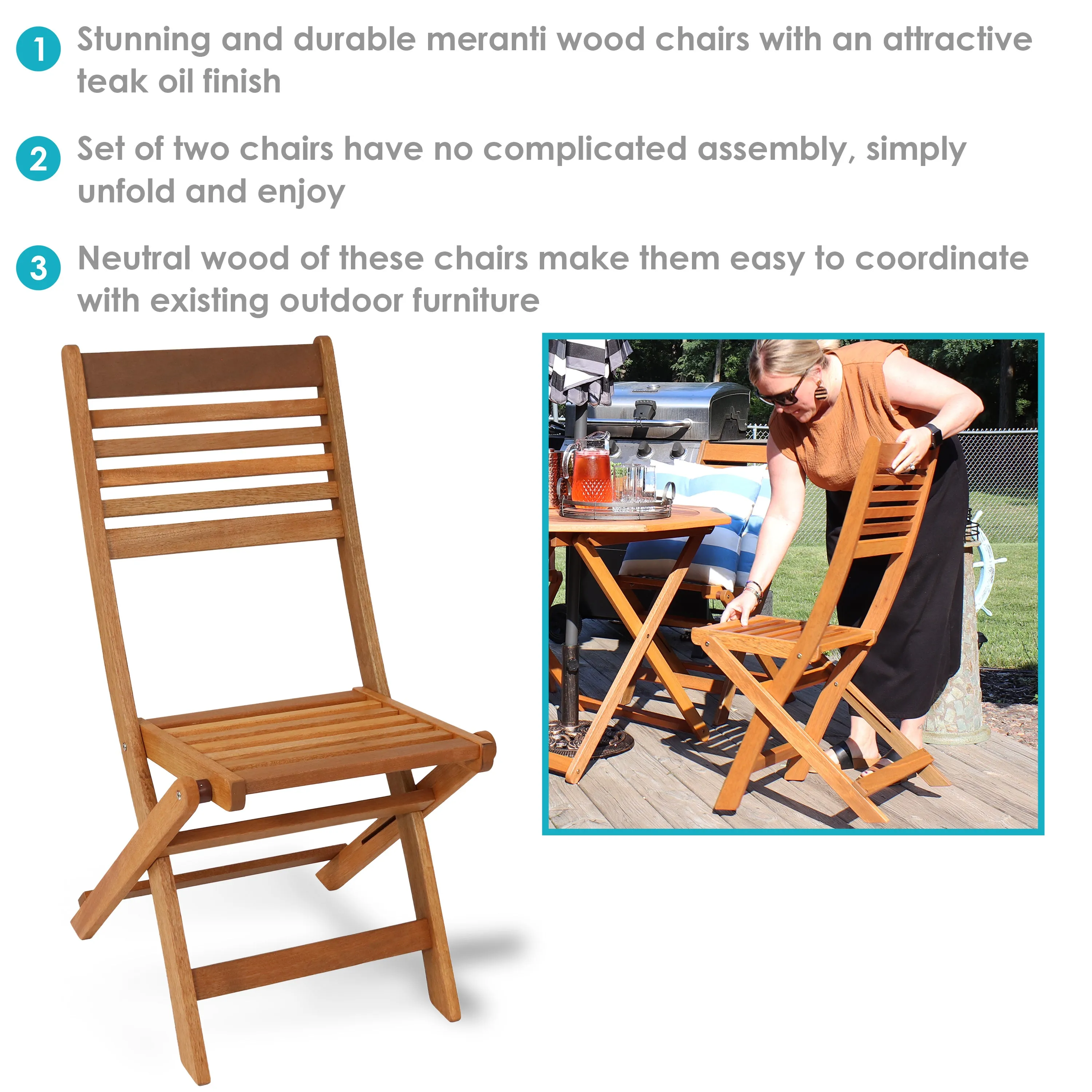 Sunnydaze Meranti Wood Outdoor Folding Patio Chairs - Set of 2