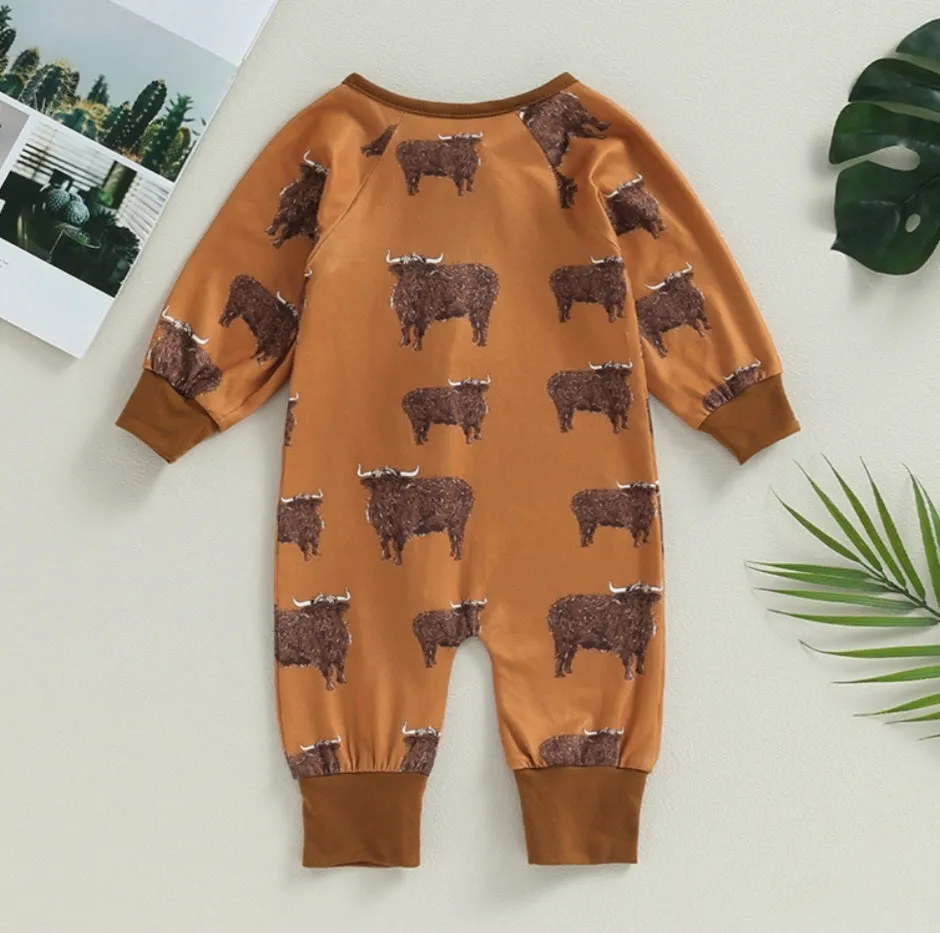 Tan Ranch Life Cow Romper with Side Zipper #2000352