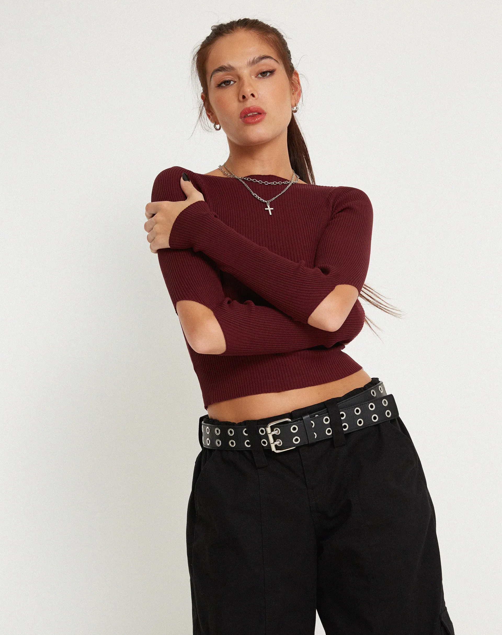 Tayon Long Sleeve Rib Top in Marron