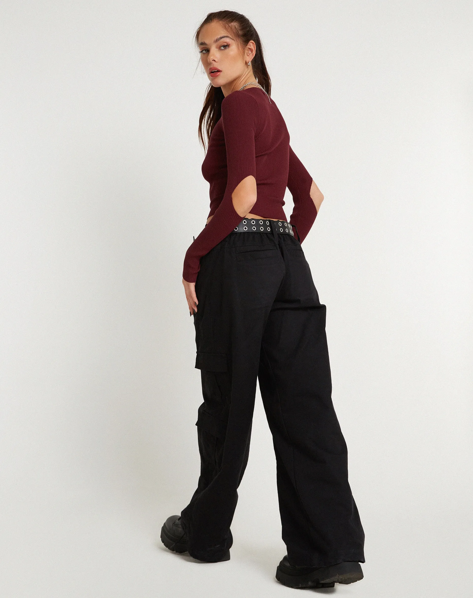 Tayon Long Sleeve Rib Top in Marron