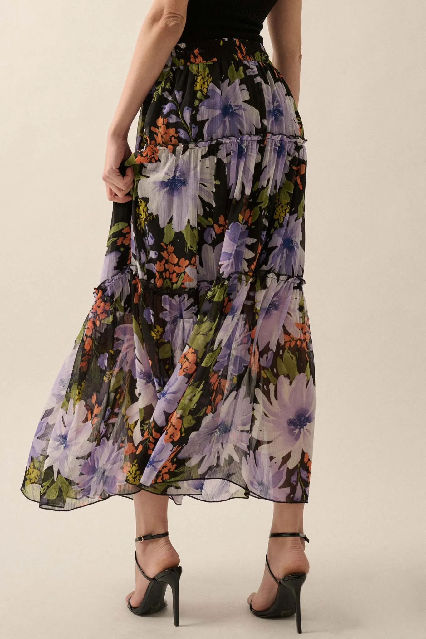 Twilight Bouquet Floral Chiffon Tiered Maxi Skirt