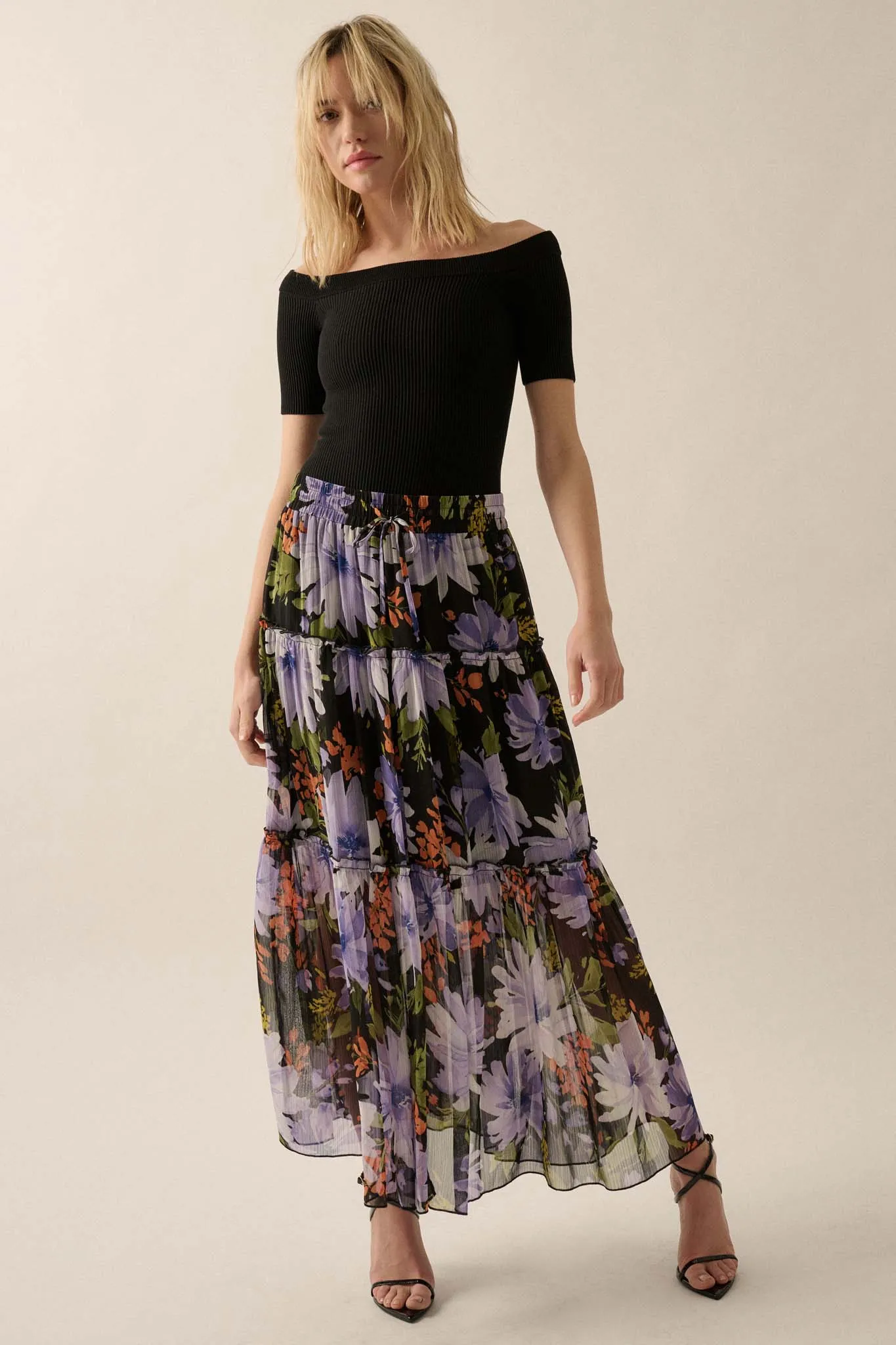 Twilight Bouquet Floral Chiffon Tiered Maxi Skirt