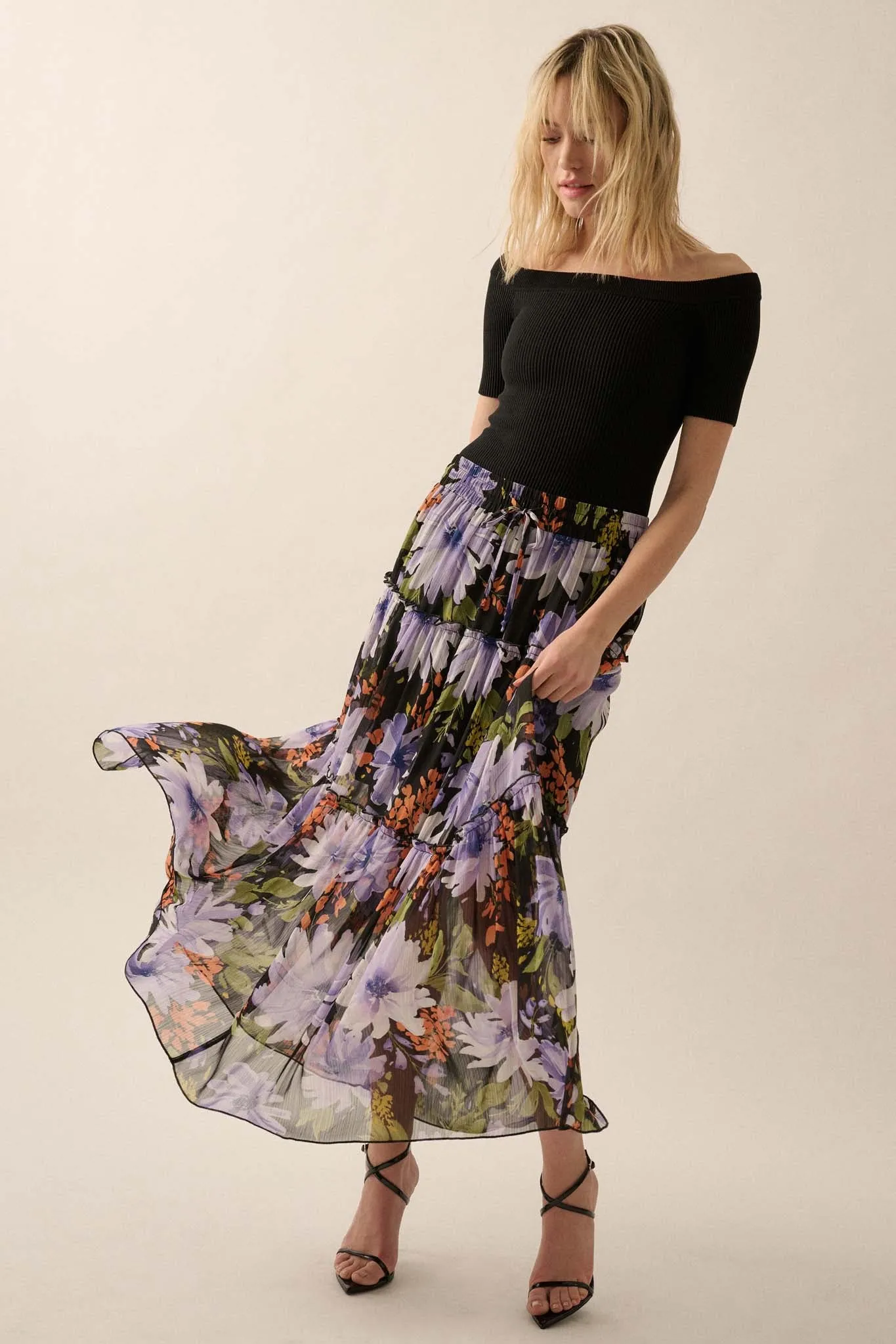 Twilight Bouquet Floral Chiffon Tiered Maxi Skirt