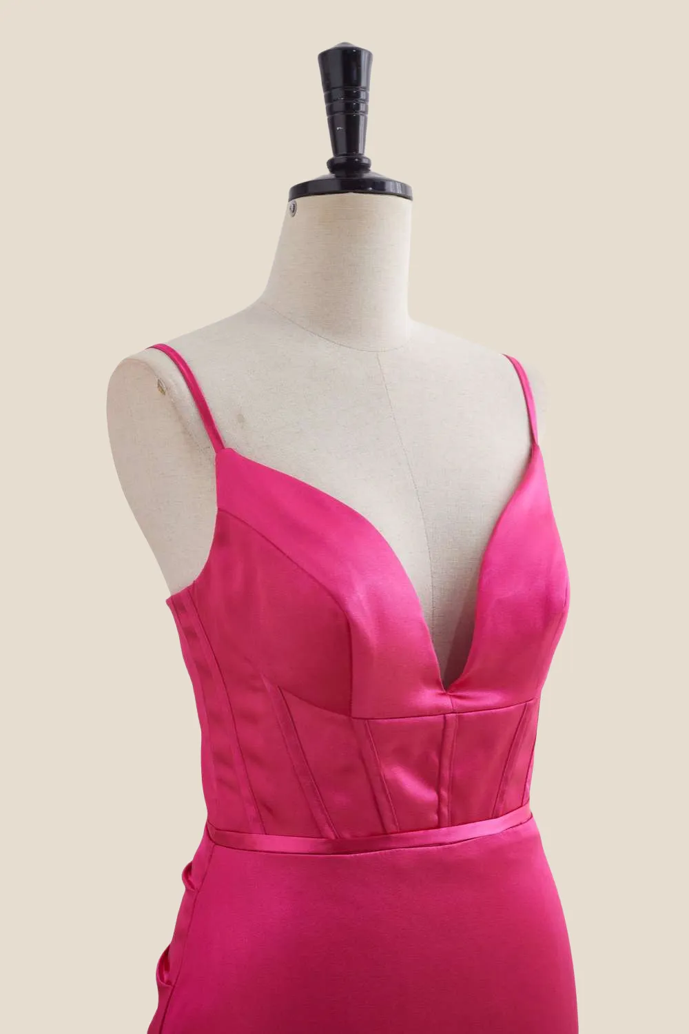 V Neck Hot Pink Ruched Bodycon Short Dress