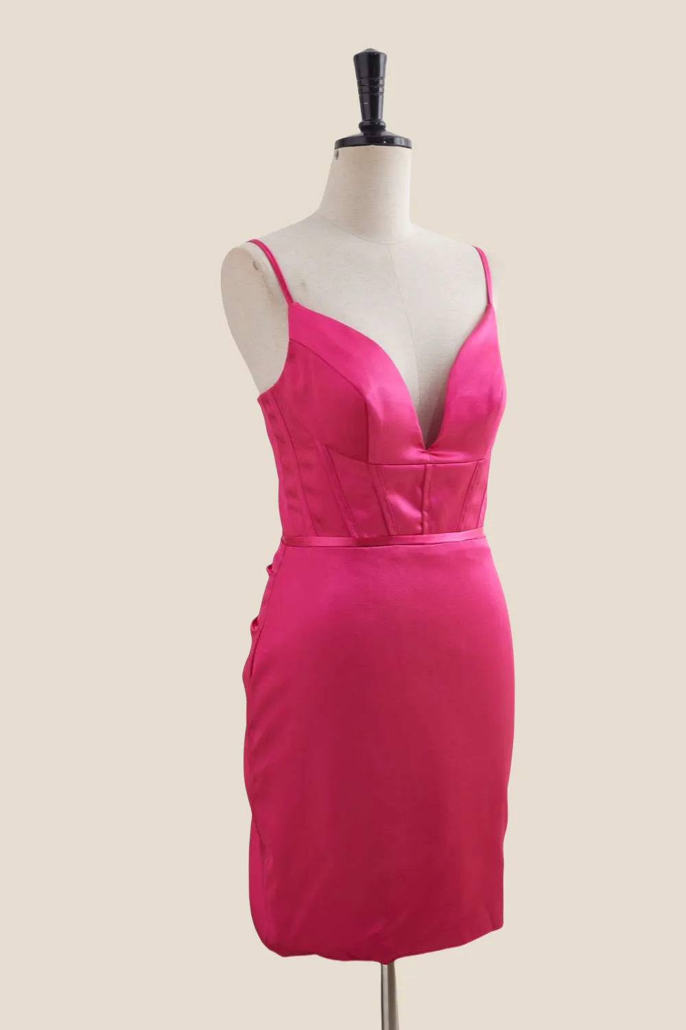 V Neck Hot Pink Ruched Bodycon Short Dress