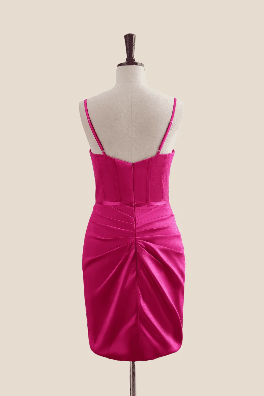 V Neck Hot Pink Ruched Bodycon Short Dress