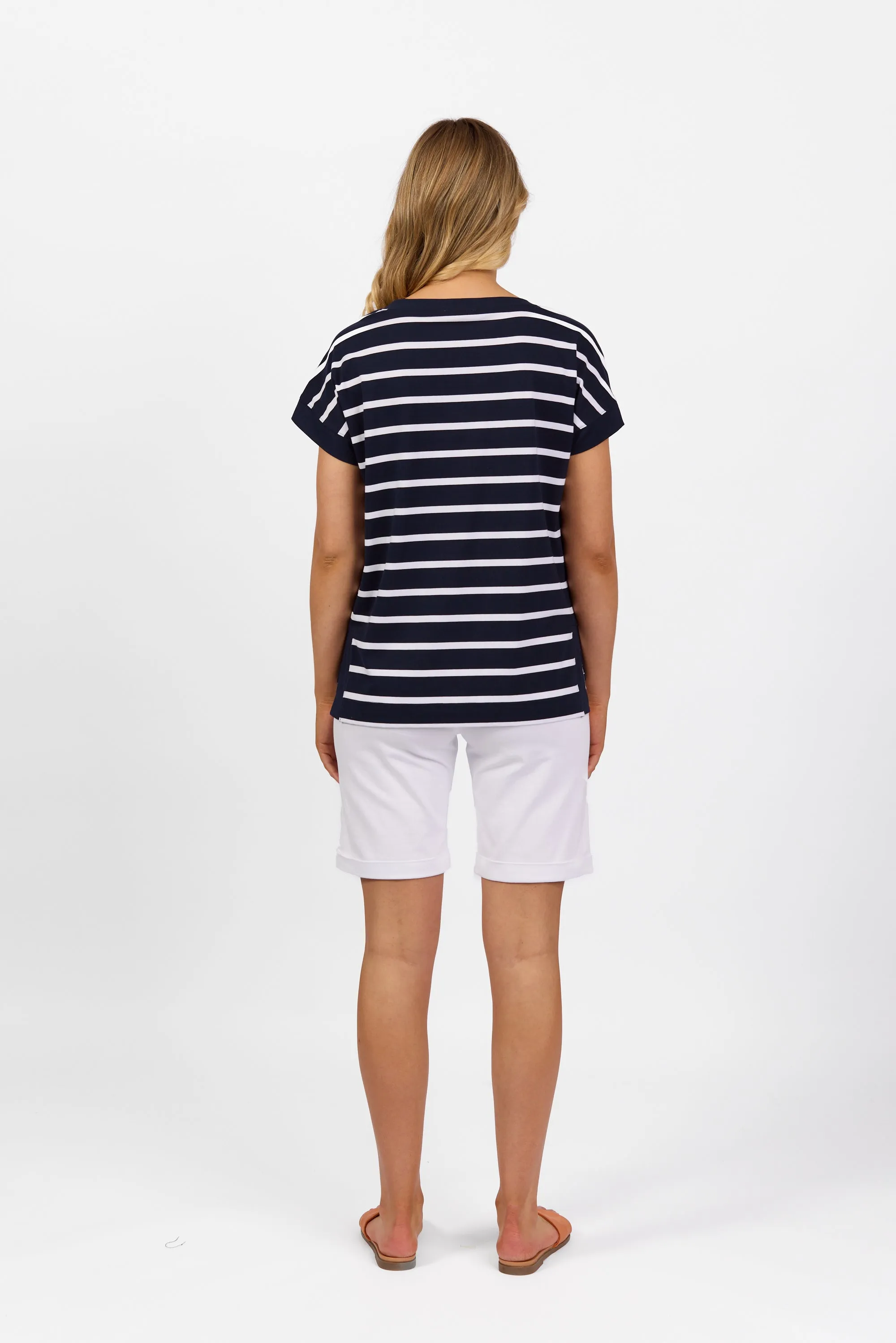 Vassalli  Top Drop Sleeve Stepped Hem  INK with WHITE STRIPE