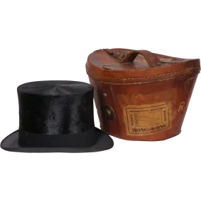 Vintage 1920s Silk Top Hat with Leather Case  - Henry Heath London - 7 1/4