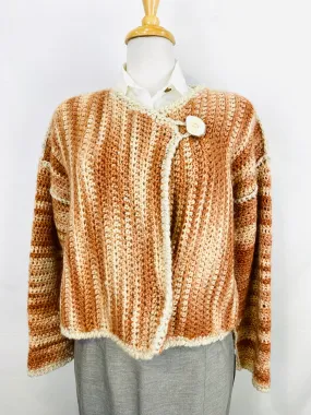 Vintage Handknit Chunky Orange Variegate Cardigan with Wood Button, Large