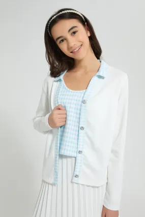 White Collared Cardigan With Inner Top (2 Piece)