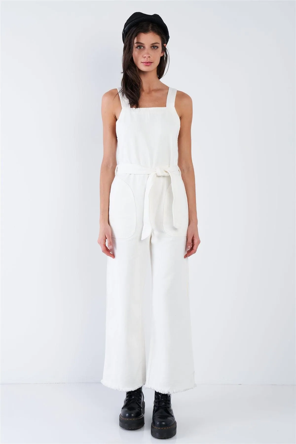 White Denim Raw Hem Wide Leg Waist Sash Jean Overalls  /1-2-2