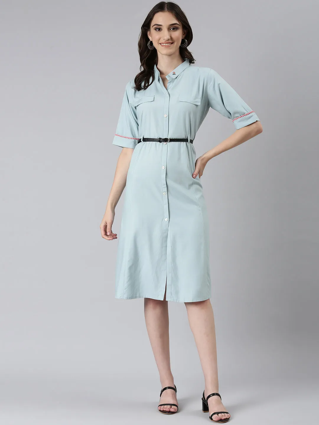 Women Blue Solid Shirt Dress