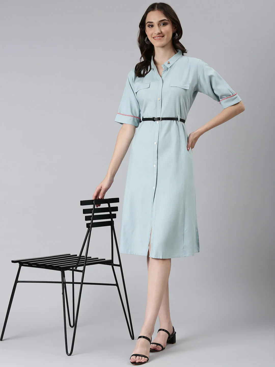 Women Blue Solid Shirt Dress