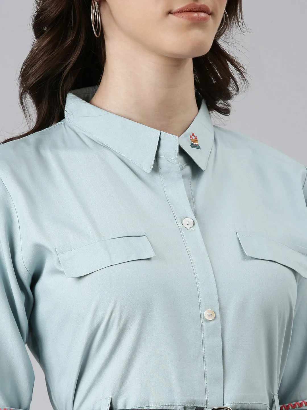 Women Blue Solid Shirt Dress