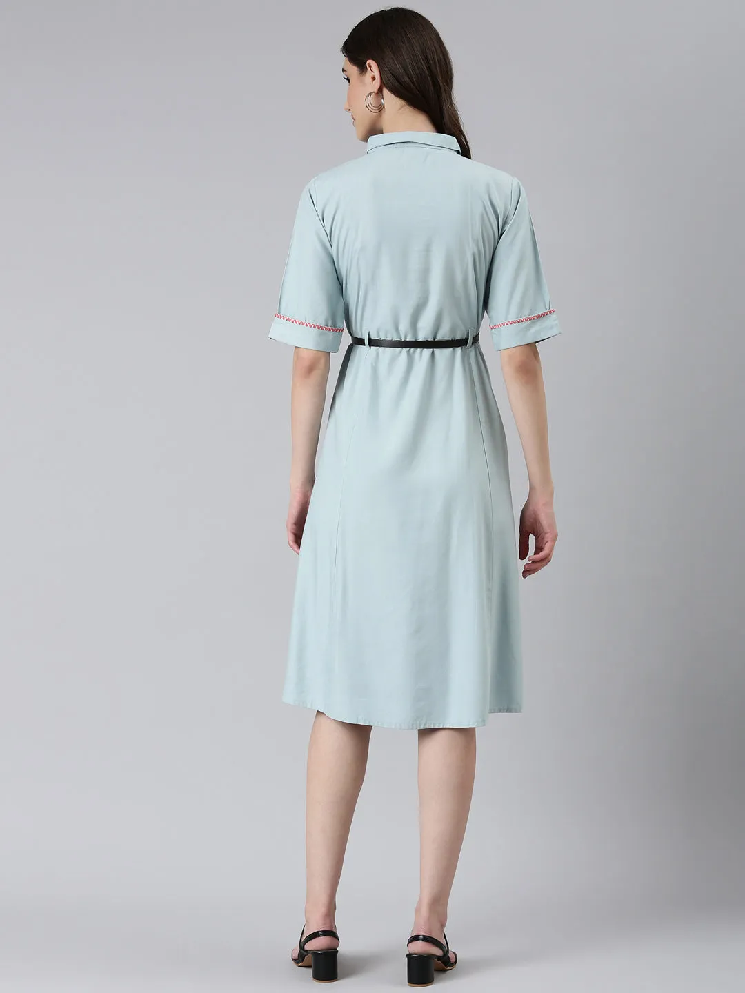 Women Blue Solid Shirt Dress