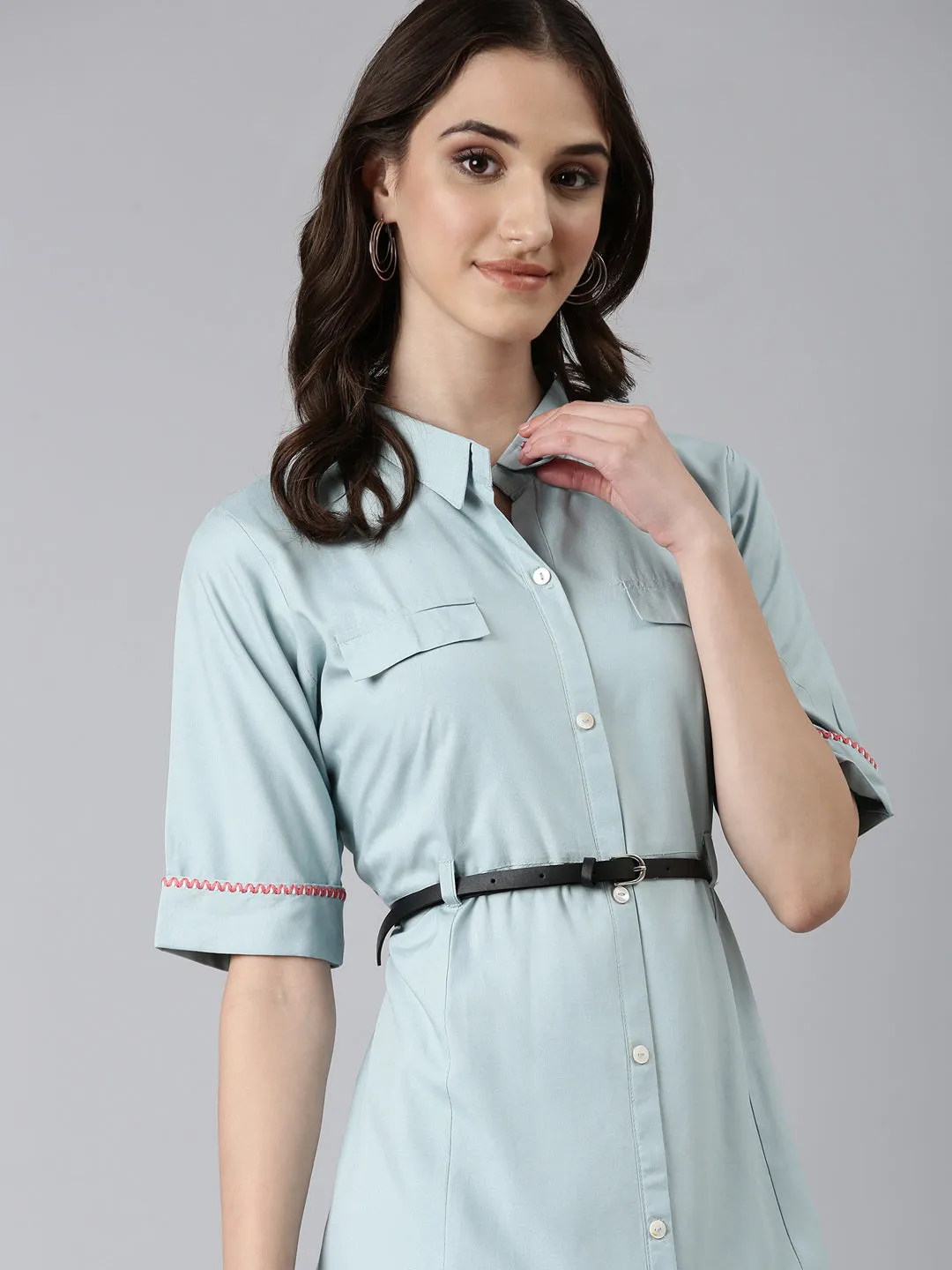 Women Blue Solid Shirt Dress