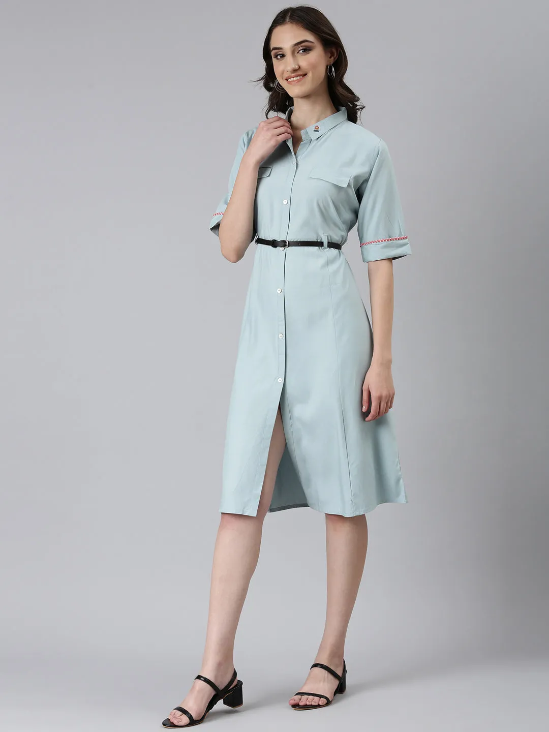 Women Blue Solid Shirt Dress